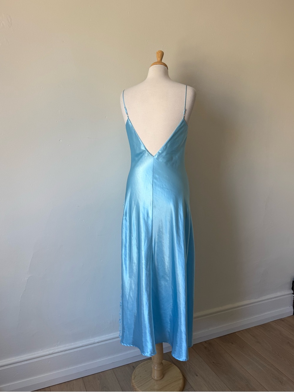 La Senza Blue Satin Slip Dress Y2K Lace Trim Maxi Nightgown Size M - Picture 3 of 9